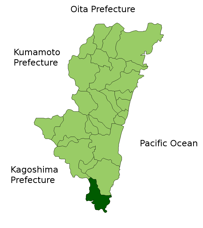串間市の位置（宮崎県最南端、濃い緑の部分）
